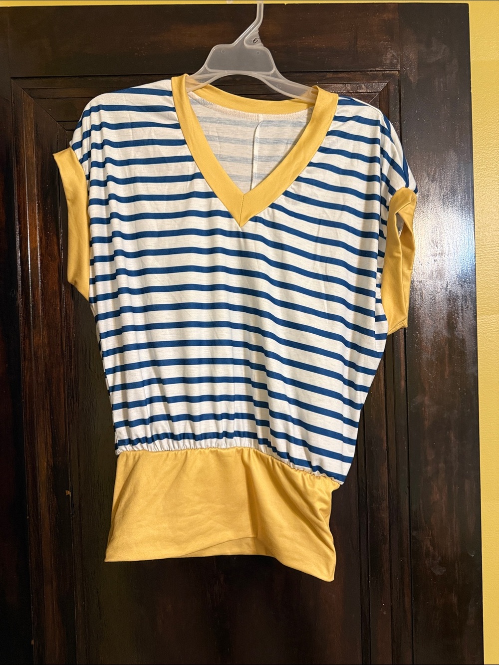 SHEIN Blue and Yellow Striped V-Neck Short Sleeve Top